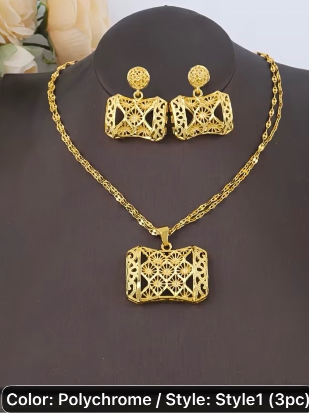 3 pcs. 24k Gold-Plated Arabic  Filigree Necklace and Earring Set